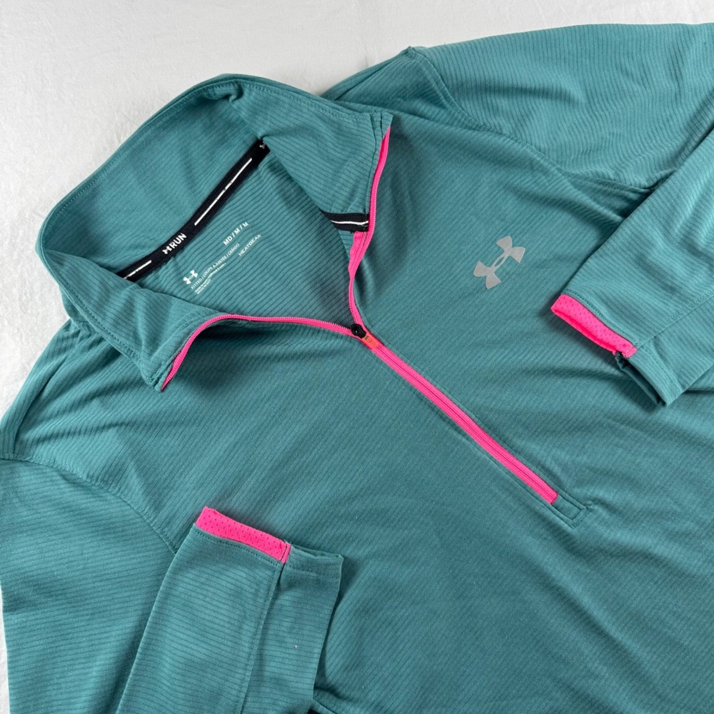 Under Armour Run Women's Size M Teal Heatgear 1/4 Zip Pullover Top 1326979